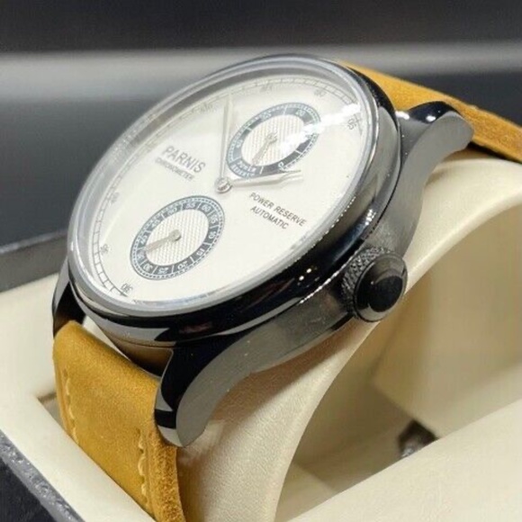 PARNIS 43mm White Dial Power Reserve Black PVD Coating Leather Automatic Watch - Picture 5 of 10